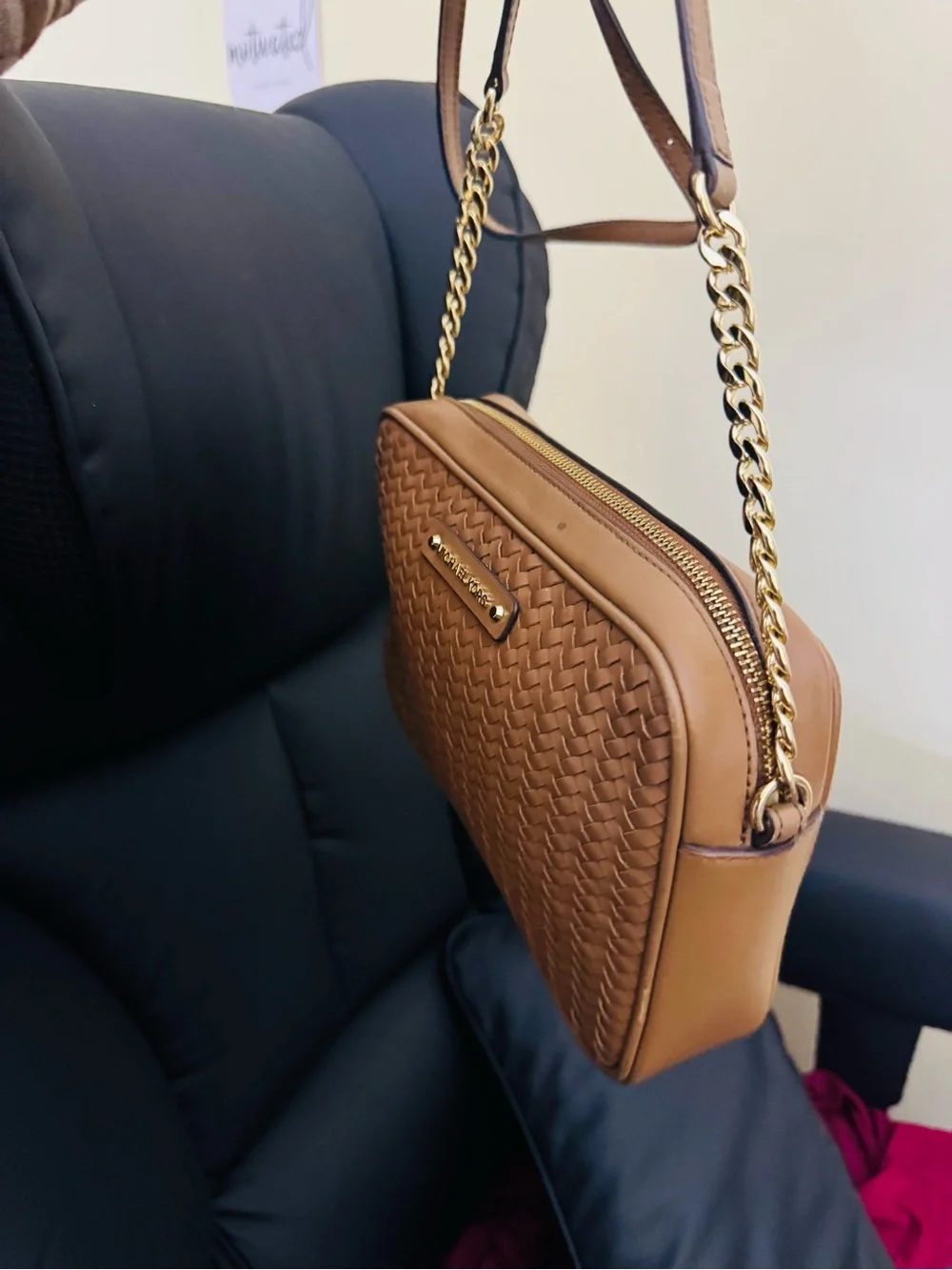 Michael Kors Tan Woven Leather Crossbody with Gold Chain